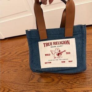True Religion Blue Denim Tote with Tan Handles
